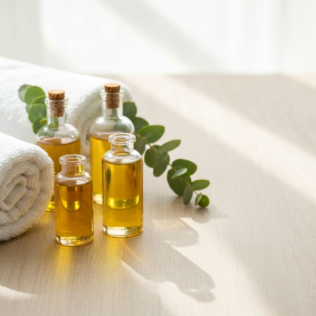 Aromatic massage oils and eucalyptus leaves in a spa wellness setting