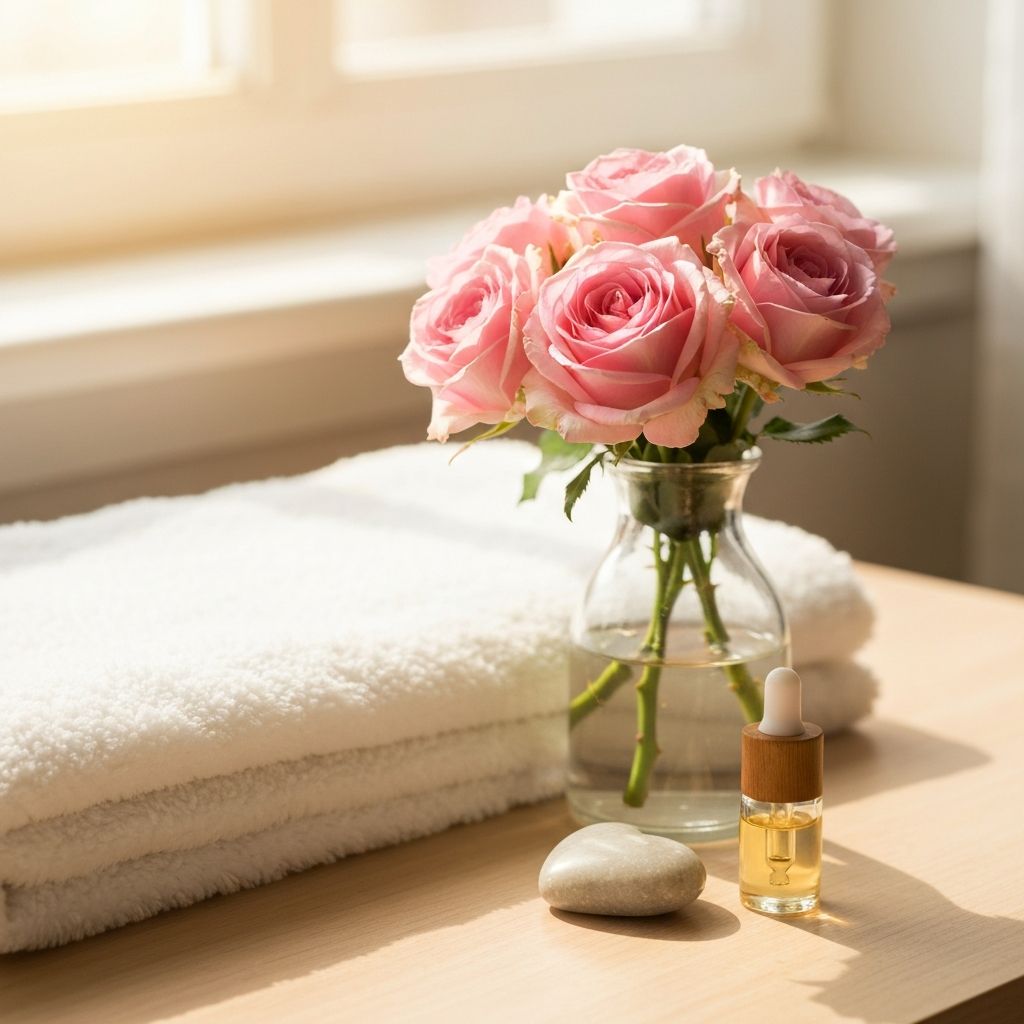 Soft flowers and heart-shaped stone representing gentle pregnancy massage