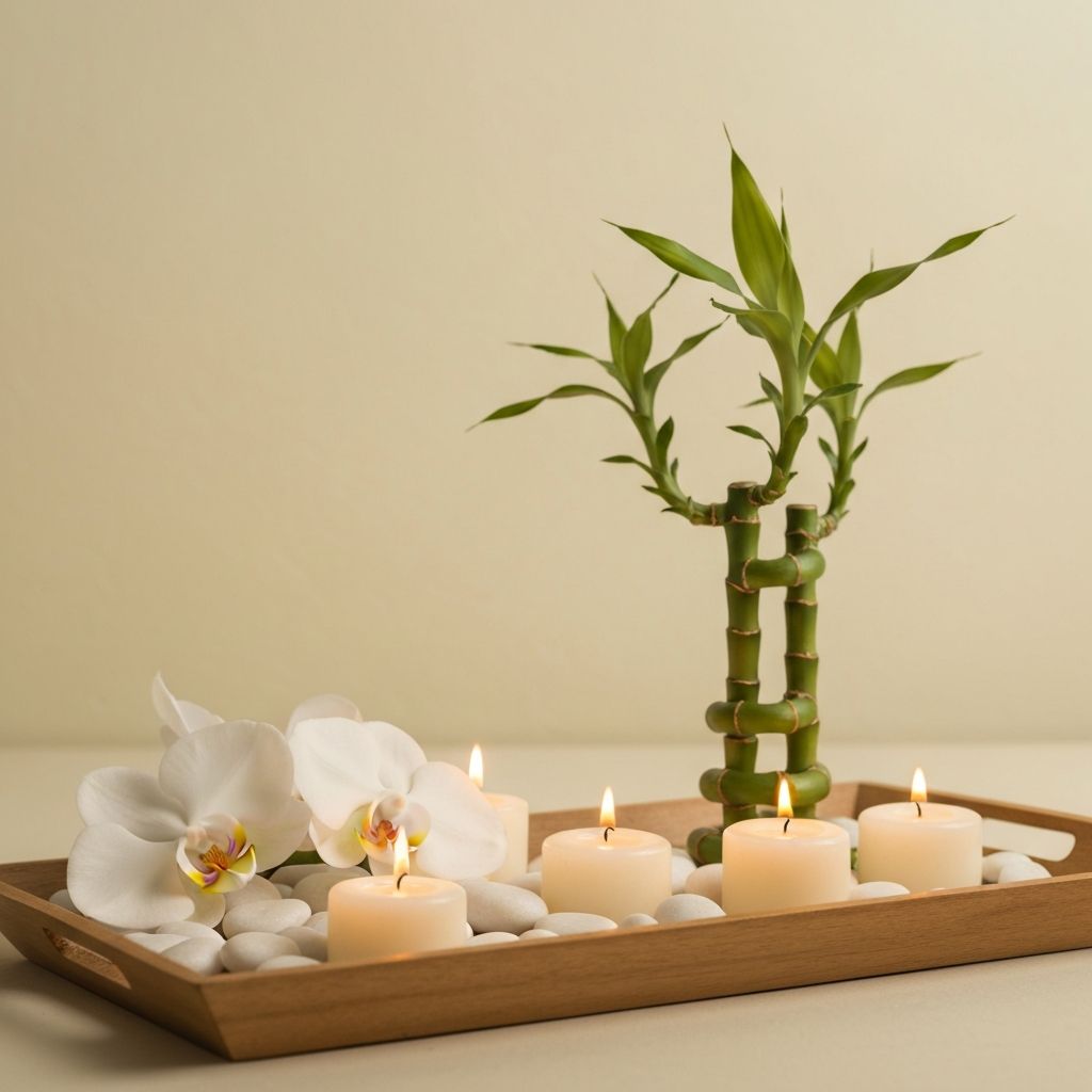 Lit candles and orchid flowers representing calming relaxation massage