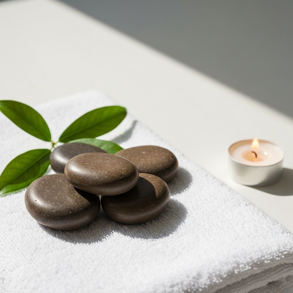 Smooth hot stones and eucalyptus leaves representing remedial massage therapy