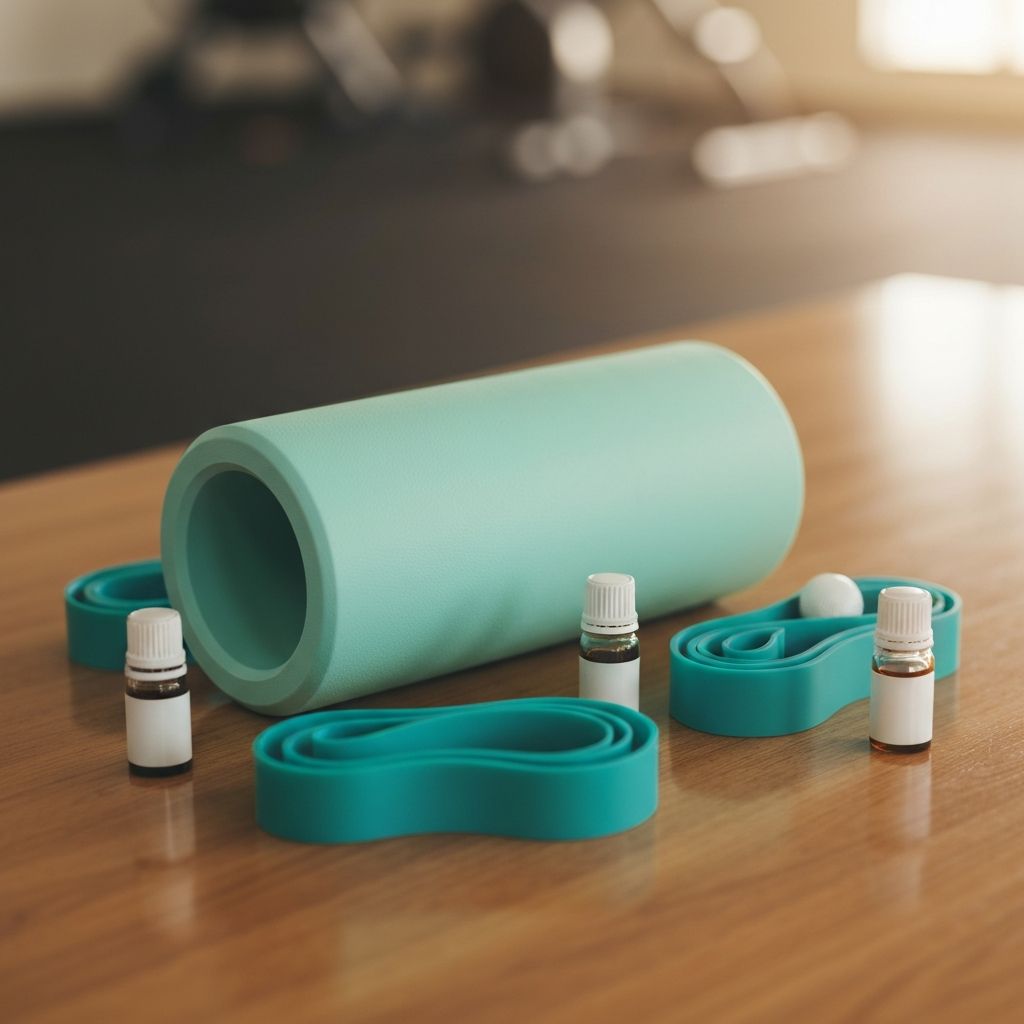 Foam roller and resistance bands representing sports and deep-tissue massage
